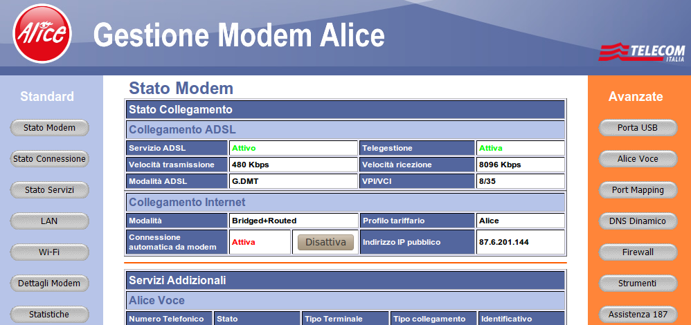 Riavviare il modem Alice da console di amministrazione 1